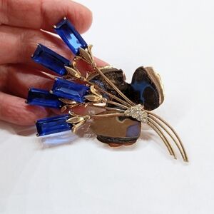 Vintage Gold Vermeil Over Signed Sterling Blue Glass Brooch